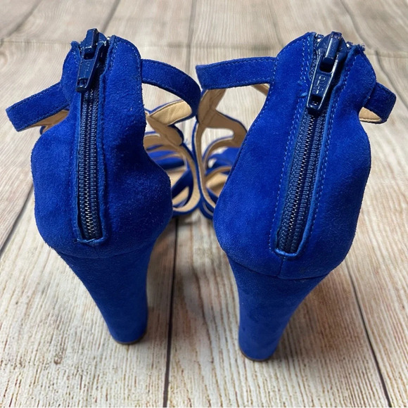 J Crew Geometric Strappy High Heel Sandals Blue Suede Made in Italy Sz 6 - Picture 7 of 11